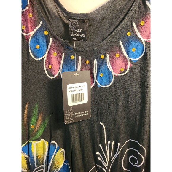NWT One Size Ace Fashion Black Hand Painted Floral Tunic Sundress Swimsuit Cover - Picture 3 of 7
